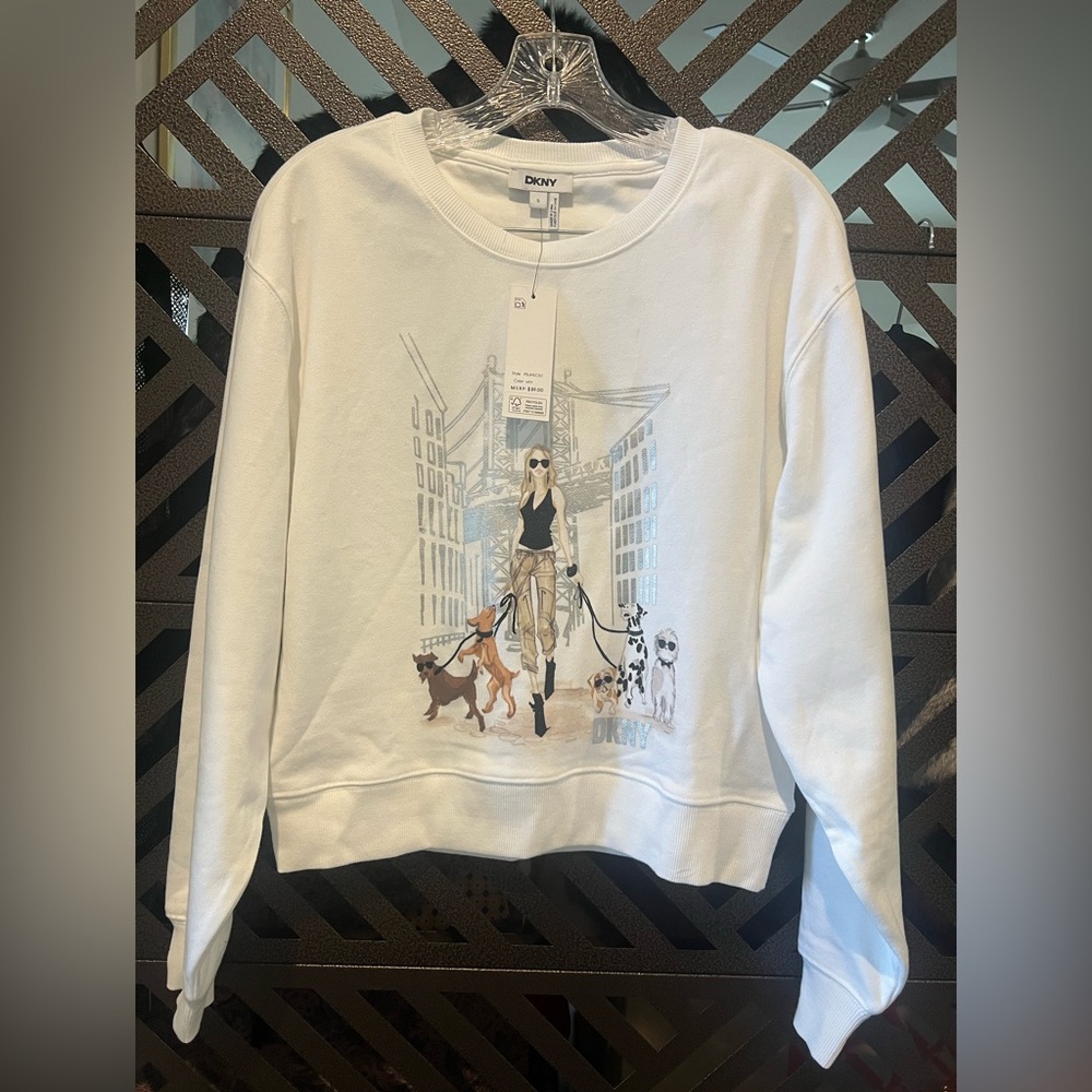 DKNY White Graphic Crew Neck Sweater